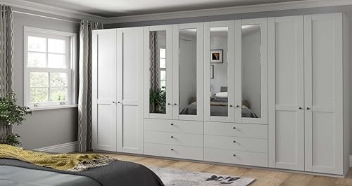 WIEMANN Drehtürenschrank mit 6 Schubkästen, mit 4 Spiegeltüren mittig, Landhausstil Kleiderschrank 400cm breit, Weiß, Höhe 216cm, Marlow