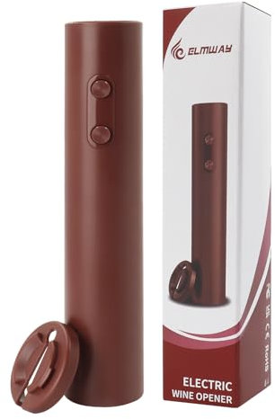 ELMWAY VinoLux Series Electric Wine Opener by ELMWAY – Battery Operated Corkscrew with Easy Two-Button Operation & Foil Cutter, Portable Design for Home Use or Parties, 4 AA Batteries Required – Red