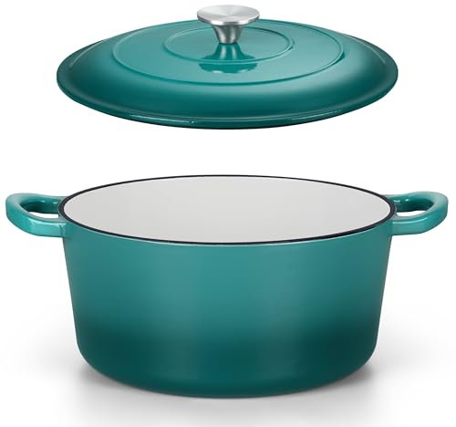 HaSteeL Horno holandés de hierro fundido de 6 cuartos de galón, olla antiadherente esmaltada con tapa, utensilios de cocina redondos antiadherentes para hornear pan de masa madre, asar, estofar,