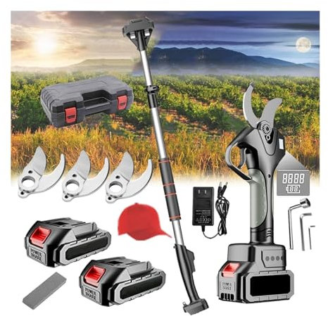 Tijera de Podar Eléctricas de 45mm con Alargador, Tijeras de Podar Bateria Profesional con 2 Baterías de 21V/2000 mAh-Podadora Eléctrica con Cuchilla y LCD para Jardinería,Olivos Ramas(Negro)