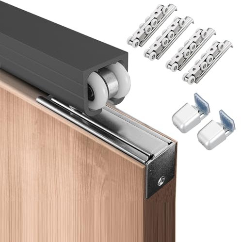 Schiebetürbeschlag schiebetür laufschiene Schwarzes Hardware Set Für Scheunentor Schiebeschienen, Aluminium Kastenschienen Set Für Schranktür/ Fliegentür/ Taschentür/ Terrassentür Mit L-Halterungen(Do