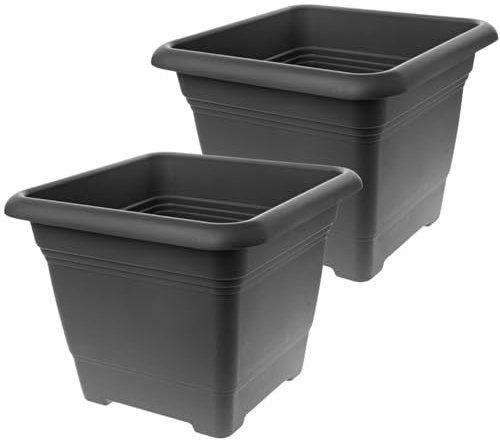 Lot de 2 grands pots de fleurs extérieurs 48 x 48 cm - En plastique résistant au gel - Fabriqué en Allemagne - Grand pot de fleurs extérieur avec protection UV et réservoir d'eau - Anthracite