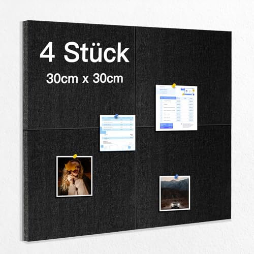QUEENLINK Filz Pinnwand 4 Stück, 30×30cm Filzwand 13 mm dick, selbstklebende Akustikplatten Filzboard, Korkwand Pin Board Filzplatten für Wände mit 60 Reißzwecken für Home, office, Schule, schwarz