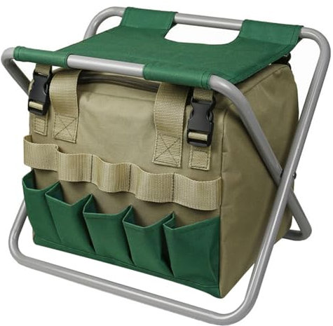 Sgabello da giardino pieghevole con borsa portaoggetti rimovibile e multi tasca, panca da giardinaggio portatile per adulti con sedile per attrezzi con cerniera