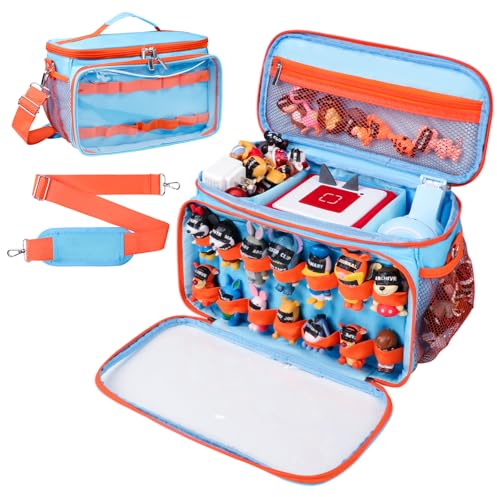 AHZSKE Tragetasche kompatibel mit Tonies-Box mit transparenter Vordertasche, große Aufbewahrungstasche mit 14 elastischen Bändern für Tonies-Figuren, Reise-Organizer für Tonie-Zubehör, Blau und Orange