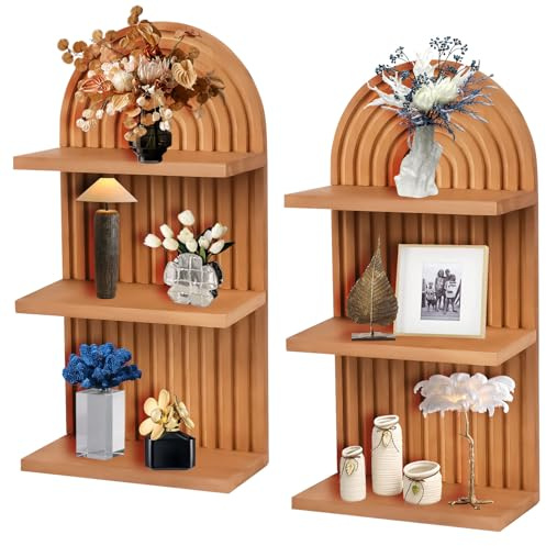 BlyeMichdi 2 Stück Wandregal Boho Regenbogen, Boho Holz Wandregal, 3 Stöckiges Klein Holzregal Pflanzregal Aesthetic Wand Deko für Kinderzimmer Schlafzimmer Wohnzimmer (Braun)