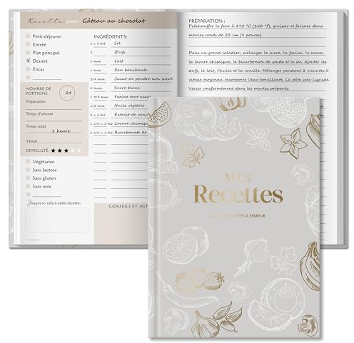 BIROYAL Carnet de recettes à remplir A5 relié | Livre de recettes vierge 224 pages | 100 recettes | Cahier de cuisine vide | Pour des plats familiaux et gourmands