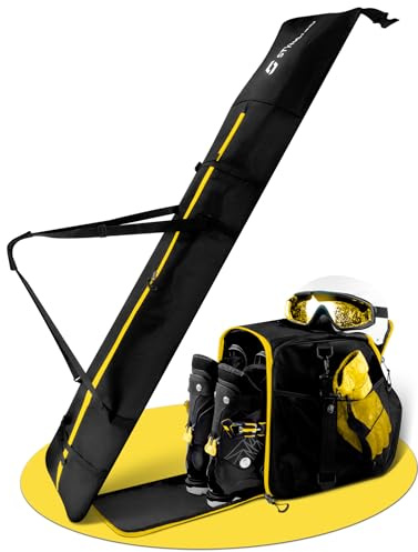 STYNGARD Set Sac de Ski [120 cm à 160 cm] et Sac à Chaussures de Ski avec Compartiment pour Casque [40 l] – Modèle St Moritz (Noir-Jaune)