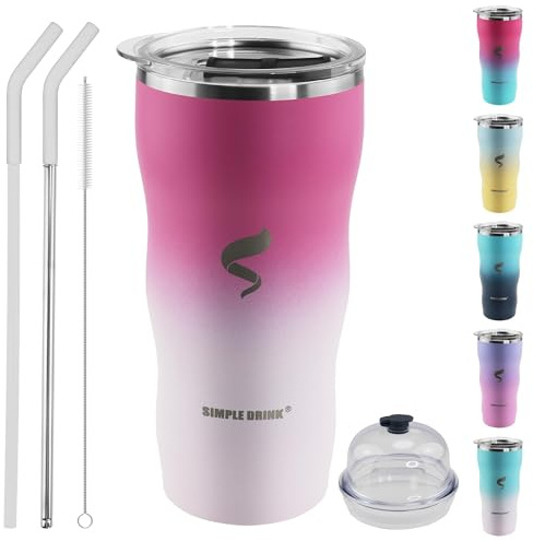 SIMPLE DRINK 20 oz Insulated Tumbler, Straw and Flat Lids, White Red