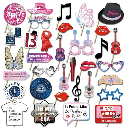 LMSHOWOWO 34PCS TS Photo Booth Props, Taylor Birthday Decorations Props, Music Lyrics Photo Booth Props, Singer Party Decorations for Boys Girls Music Lover, Celebrity Concert Birthday Party Favors