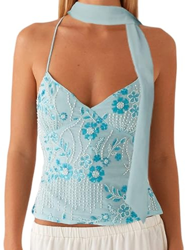 Nicoxijia Women's Y2k Sequin Sparkle Halter Crop Tops Sexy V Neck Beaded Cami Tank Embellished Party Going Out Top with Scarf (Blue, M)