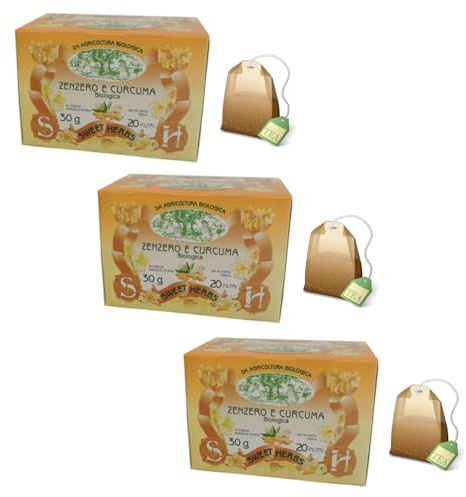Sweet Herbs® | Tisana Zenzero Curcuma | Infuso Biologico Digestivo Zenzero Curcuma Limone - 3 x 20 Filtri in Singole Bustine (90 Gr)