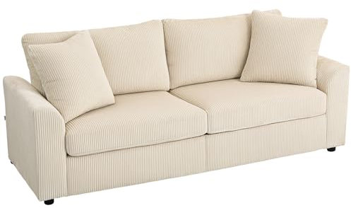 HOMCOM 3-Sitzer-Sofa, Couch mit Armlehnen, Zierkissen, Polstersofa mit Cordbezug, dick gepolstert, Loungesofa, bis 450 kg belastbar, für Wohnzimmer, Schlafzimmer, 212 x 80 x 88 cm, Cremeweiß