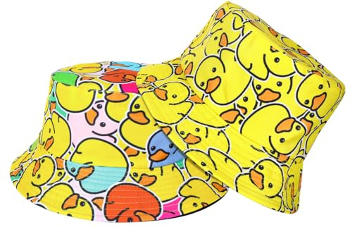 Haocjanc 2 Stück Fischerhut Beidseitig, Anglerhut mit Buntem und Gelbem Entenmuster, Bucket Hat mit Breiter Krempe, Sonnenhut für Männer, Frauen