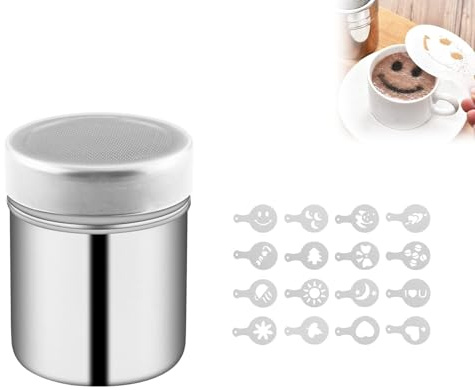 Hsyadazi Set di 16 stencil per caffè in acciaio inox – Spargitore professionale per zucchero a velo e cacao – Spargitore per farina in acciaio inox – ideale per barista, panetteria e home baking