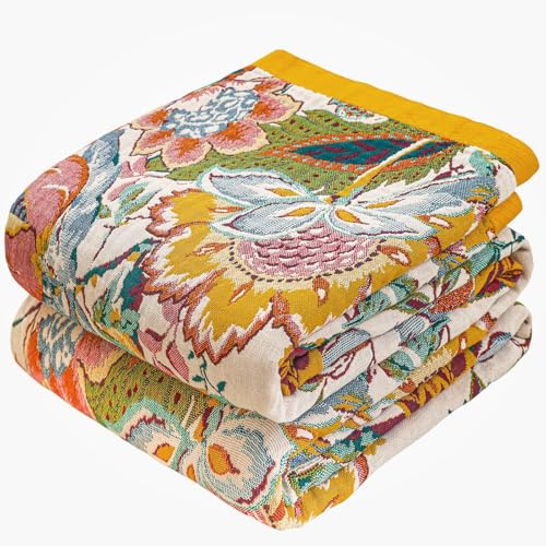 HOORDRY Boho Tagesdecke 100% Baumwolle 200x230CM | Doppelseitig Dekorative Sofadecke mit Stickereikunsthandwerk Blumenmuster,Weiche und Kuschelige Bettüberwurf,Sofa Überwurf