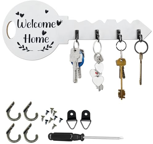KIPTVO Key Holder for Wall, Wall Mounted Key Holder Key Hook Wooden Key Rack, with 4 Hooks Key Hooks, Wall-Mounted Hooks for Keys, Kitchen, Front Door, The Home