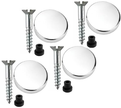 20mm Polished Chrome Flat Caps – Pack of 4 x 25mm Zinc Mirror Screws with Rubber Washers, Waterproof Decorative Covers