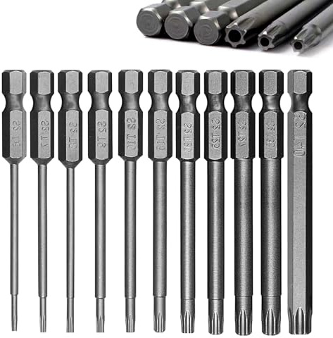 Torx Screwdriver Bit Set, 11‑Piece 75mm Long S2 Steel Tamper‑Proof Security Hollow StarTorx Bits (T6‑T40), 1/4 Inch Hex Shank, Magnetic Impact Bits for Drill & Screwdriver