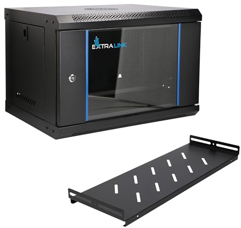 Extralink Armario Rack de 19 6U - Armario de Red de 400 mm, Estante Incluido, Montaje en Pared o Suelo, hasta 60 kg, Apertura de 180°, Negro - para Red doméstica y Equipos informáticos