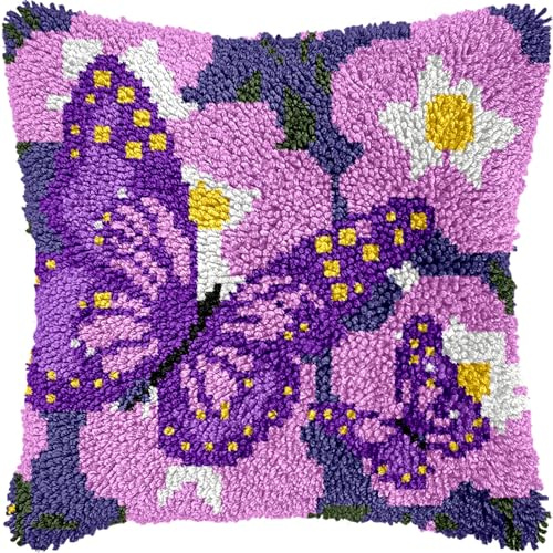 Perclyzm Latch Hook Kit for Adults, Butterfly Floral DIY Cushion Cover, Pre-Printed Embroidery Crochet Kit for Beginners, 43x43cm, Christmas Craft Gift (Butterfly and Flower)