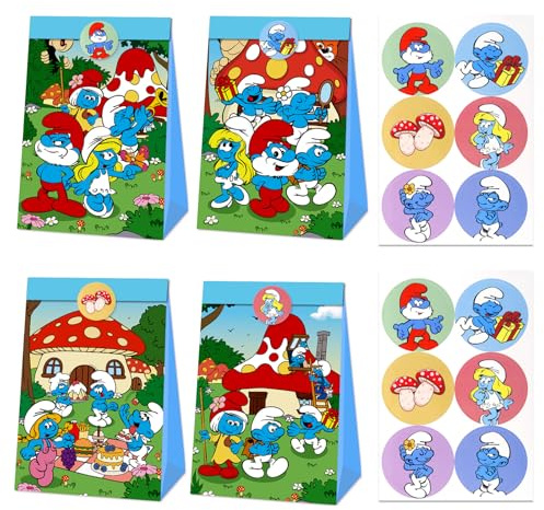 12 Stück Smurf Geschenktüten mit 12 Aufkleber, Schlümpfe Geburtstag Mitgebsel Papiertüten Geschenktüten Kindergeburtstag, Schlümpfe Party Geburtstag Süßigkeiten Tüten für Junge Mädchen