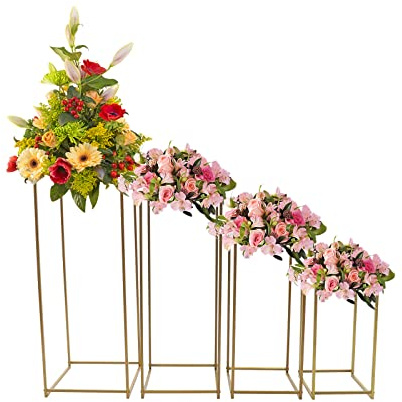 Madelynn Hochzeitsvase Blumensäule Quadratisc, 4 Stück Gold Blumenständer Metall, 10-15kg Tragfähigkeit, Hochzeitsblumenständer mit 4 Verschiedene Größen, Hochzeiten, Geburtstagsfeiern