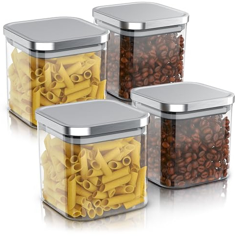 Arendo - Vorratsgläser 800ml mit Deckel Edelstahl - 4er Set - Behälter aus Glas – hitzebeständig – Vorratsdosen/Vorratsbehälter mit Edelstahl Deckel - luftdicht - für Müsli Zucker Mehl Kaffee