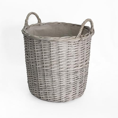 Wickerfield Grey Wash Wicker Storage Basket, Wicker Log Baskets with Handle & Lining, Willow Storage Basket for Laundry Toys Blankets Logs (Round, Large)