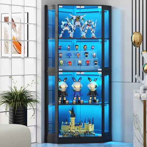 Eckvitrine mit Glastüren,Vitrinenschrank mit Sicherheitstemperglas & Magnetverschluss, Glasvitrine mit LED Beleuchtung,165cm,Geeignet für Sammlerstücke und Spirituosen. Hochschrank,Bücherschrank,Stand