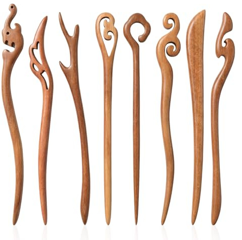 8Pcs Wooden Hair Sticks, Chinese Hair Chopstick for Chignon & Bun Styling, Vintage Handmade Hairs Accessories for Long Style, Hanfu Hairs Pins for Women (Brown)