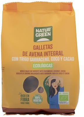 NaturGreen - Galletas Ecológicas de Avena Integral con Trigo Sarraceno, Coco y Cacao Bio, 140 g, Snack Saludable y Vegano, Rico en Fibra, Desayuno y Merienda