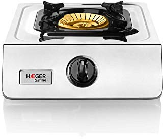 HAEGER SAFINE - Gaskocher mit patentierter Technologie, Automatische Zündung PIEZO, Doppelbrenner in Bronze mit 110 mm, Körper aus INOX, Anti-Rutsch-Füße und Fuß für große Pfannen