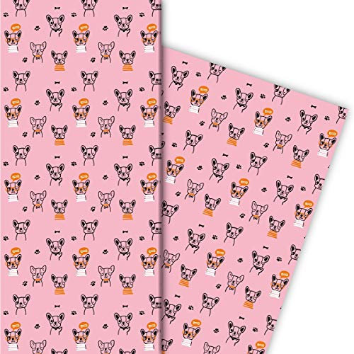 Kartenkaufrausch Cooles Bulldoggen Geschenkpapier Set 4 Bogen mit Pfoten und Knochen für tolle Geschenk Verpackung zum Einpacken 32 x 48cm, Designpapier für Geburtstage, Hochzeit, rosa