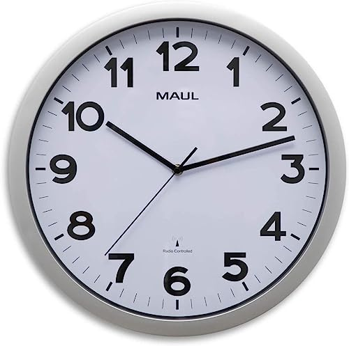 MAUL Funk Wanduhr silber MAULstep analog leise Ø 40 cm Batterie inklusive | automatische Zeitumstellung, gut ablesbare Ziffern, klare Sicht durch Mineralglas, bruchsicherer Rahmen, ruhiger Lauf