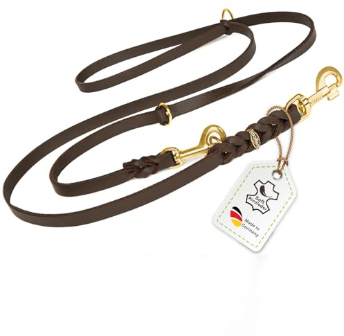 Hundeleine Leder 2m kleine Hunde leicht Fettlederleine [3-Fach Verstellbar] Lederleine geflochten – robuste Leine Hund mit Messingbeschlägen – Führleine Hund & Freihandleine zum Umhängen, Braun 10mm