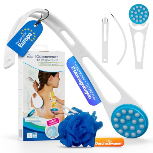 Hydas Eincremehilfe für Rücken – Rückeneincremer mit Dosierer, Rückencremer für Lotion & Sonnencreme, 7-Kammer-System mit Massagefunktion, langer teilbarer U Griff - inkl. Duschschwamm