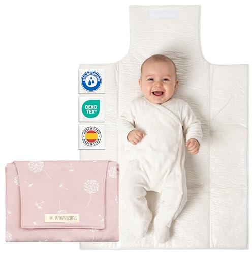 MIMUSELINA Wickelunterlage Unterwegs für Babys | Leicht und Wasserfest | Außen 100% Baumwolle, Innen Waschbar und BPA-frei | Faltbar mit praktischem Verschluss