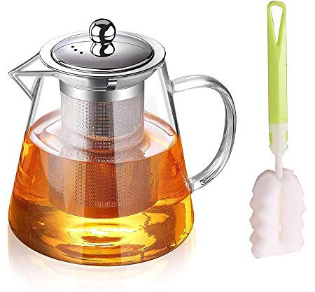 750ML Théière en Verre avec Infuseur, Avec Brosse à tasse,Avec Infuseur Amovible,Poignée anti-brûlure,Matériau borosilicate, Transparent,Rond,Convient pour chauffer sur la cuisinière