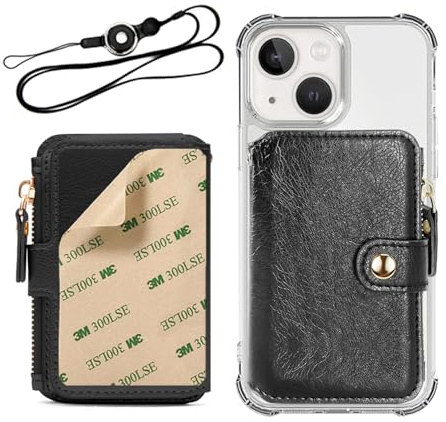 M-Plateau Phone Wallet Stick On - Slim, Durable, and Stylish PU Leather Card Holder with 3M Adhesive and Removable Lanyard for iPhone and Most Smartphones (Black)