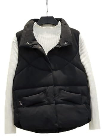 &ET Westen Damen,Damen Weste Schwarz Stehkragen Warme Ärmellose Steppjacke Mit Knöpfen Reißverschluss Gepolsterte Taschen Winter Baumwollweste Weste Für Mädchen Damen,L