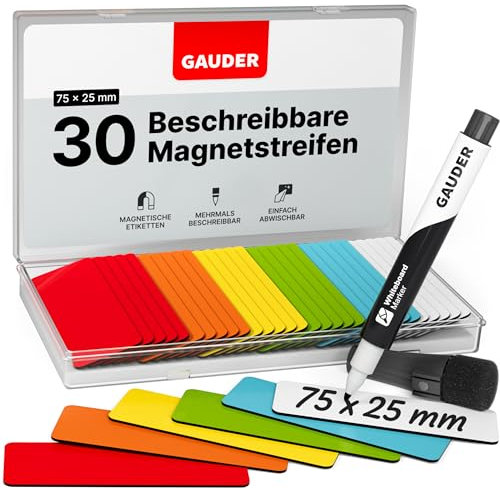 GAUDER Magnetetiketten beschreibbar - Wiederverwendbare Magnetschilder zum Beschriften für Whiteboard, Tafel, Kanban-Board und Kühlschrank - Magnetkarten mit Marker (30 Stück - 75 x 25 mm)