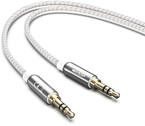 JAMEGA - 2m Aux Kabel 3.5mm Audio Kabel - Klinke Stereo 3.5mm Nylon Klinkenkabel für Kopfhörer, Lautsprecher, MP3 Player, Auto, TV, Soundbar, Heim/KFZ Stereoanlagen, Handy uvm. – Silber