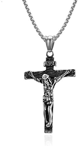 KnSam Edelstahl Y Kette Herren mit Anhänger Kreuz Jesus Religion, Ketten Retro Herren Halskette Panzerkette für Männer, Silber, 60cm