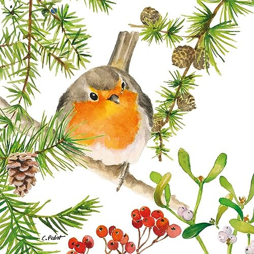 20 Servietten Weihnachten Rotkehlchen auf Winterast als Tischdeko. Papierservietten mit Motiv. Auch für Decoupage und Serviettentechnik 33x33cm