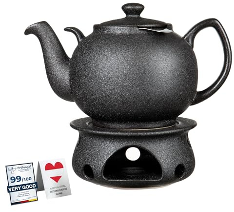 Urban Lifestyle Liverpool Teekanne mit Stövchen 1,6 L Schwarz aus Steinzeug Teekanne mit Edelstahlsieb und Siebeinsatz tropffrei für losen Tee Kräutertee Früchtetee und Teebeutel