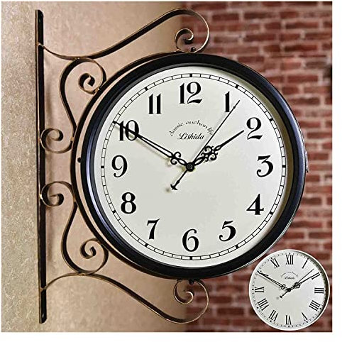 Antik Retro Bahnhofsuhr Doppelseitiger Bahnhofsuhr, Gartenwanduhr im Freien, vintage hängende doppelseitige Uhr for Terrasse Veranda Garten im Freien Dekorative doppelseitige Hängsuhr Wanduhr Doppelse
