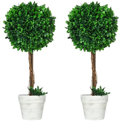 HOMCOM Juego de 2 Plantas Artificiales de boj Grandes de 60 cm, Resistentes a los Rayos UV, Plantas Artificiales de plástico en Maceta, árbol Artificial, Planta Falsa como Real, para salón,