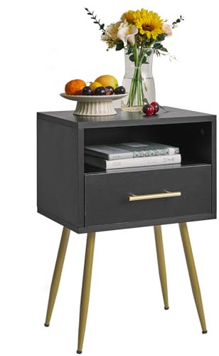 IBUYKE Mesita de noche, mesita de noche moderna de mediados de siglo con patas, mesa auxiliar minimalista y práctica con espacio de almacenamiento de 2 niveles, para dormitorio, sala de estar, negro W