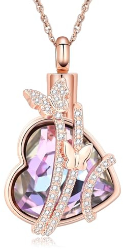 shajwo Butterfly Heart Urn Necklaces Cremation Jewelry for Ashes for Women Men Memorial Human Ashes Pendant,Rose Gold-Purple